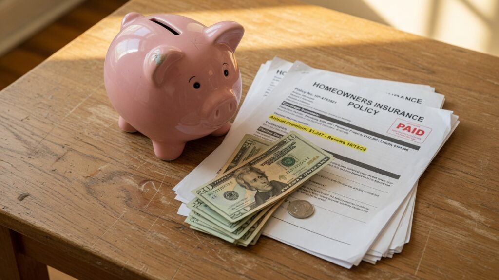 Homeowners insurance paperwork with cash and piggy bank symbolizing budgeting and reducing insurance costs