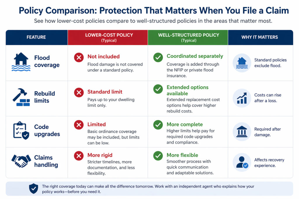 Comparison showing standard insurance policies exclude flood coverage while structured policies coordinate separate flood insurance.