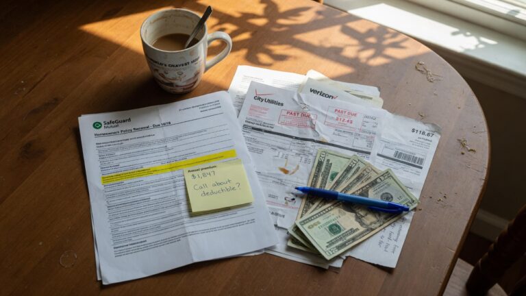 Realistic scene of homeowners insurance documents and expenses highlighting how to lower your home insurance premium