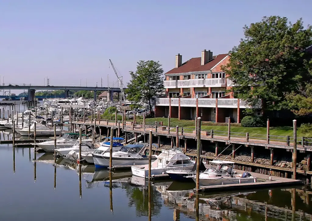 Boats docked at a marina in Cos Cob, Greenwich, CT
