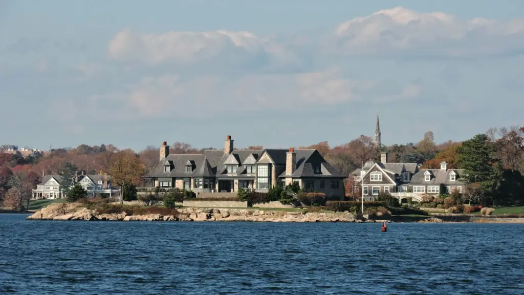 Large waterfront homes on Long Island Sound at Tod's Point in Greenwich, Connecticut