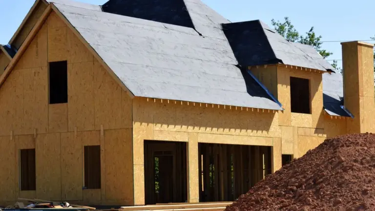 Two-story wood-frame house under construction with sheathing and roof underlayment, next to a pile of fill dirt