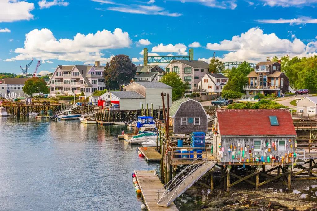 Docks, boats and a buoy-covered fishing shack on the Piscataqua River near Portsmouth's Memorial Bridge