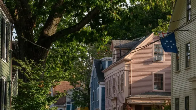 Tree-lined street of older clapboard houses in Portsmouth, New Hampshire, in late-afternoon light