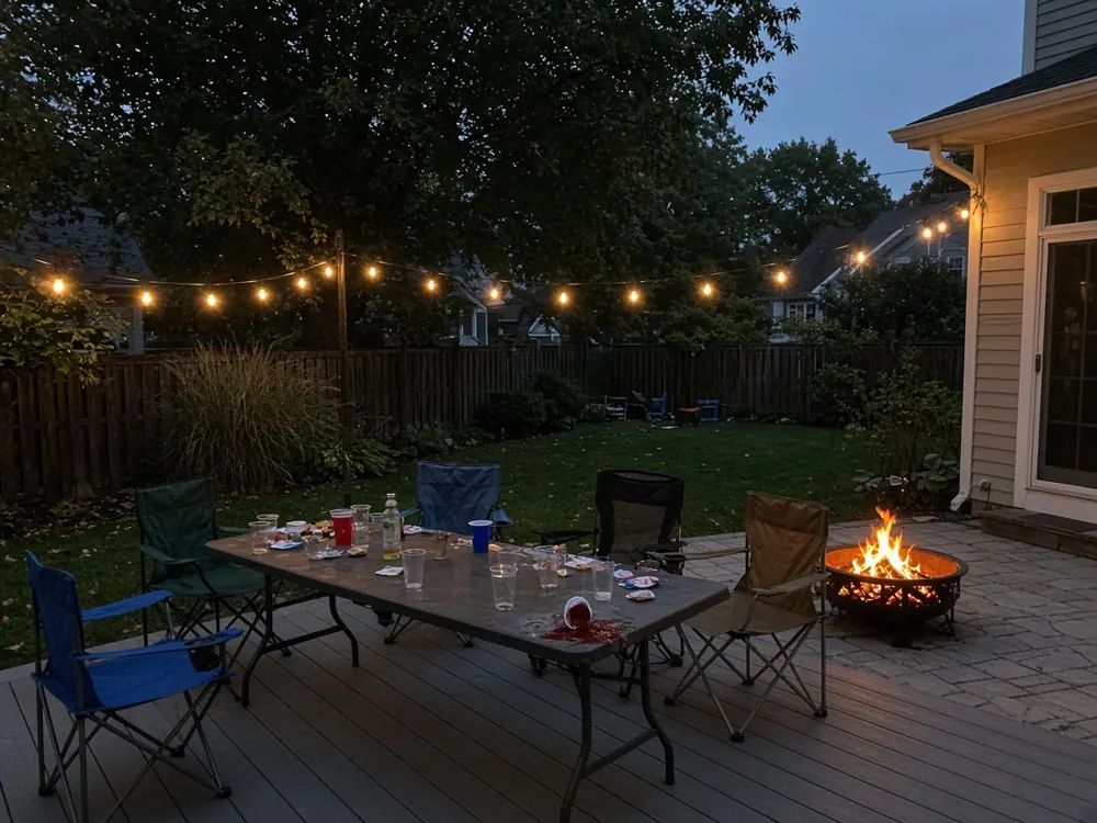 Backyard patio at dusk after a party, with string lights, a fire pit, empty cups and a spilled drink on a folding table