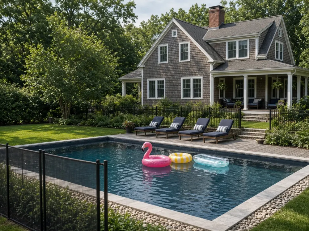 Fenced in-ground backyard pool with lounge chairs behind a shingled New England home