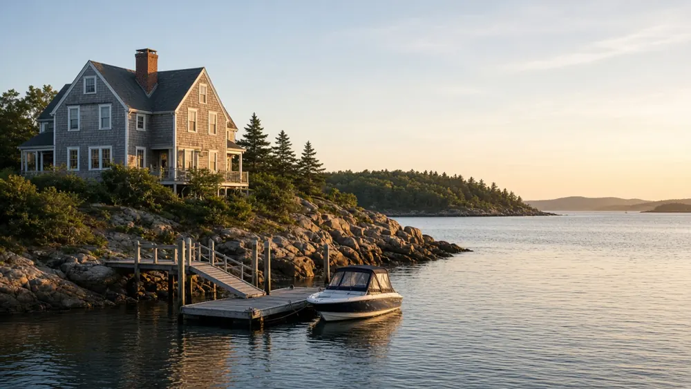 Shingled coastal New England home on a rocky shoreline with a motorboat tied to a private dock at sunset