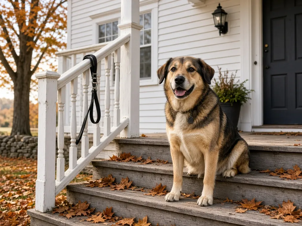 Friendly family dog sitting on the front porch steps of a white New England home in the fall