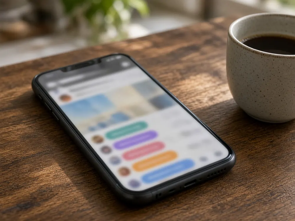 Smartphone on a kitchen table showing a blurred social media feed with colorful comment bubbles, next to a cup of coffee