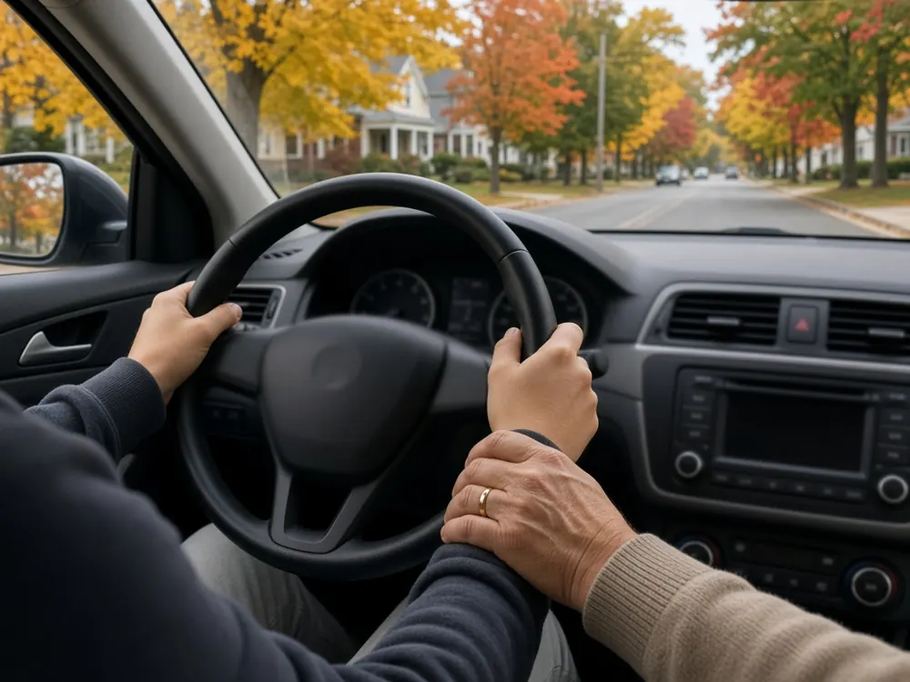Teen driver's hands on the steering wheel with a parent's hand on their arm, driving down a tree-lined autumn street