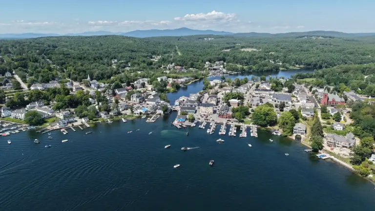 Aerial view of Wolfeboro, New Hampshire, with docks, boats and lakeside homes